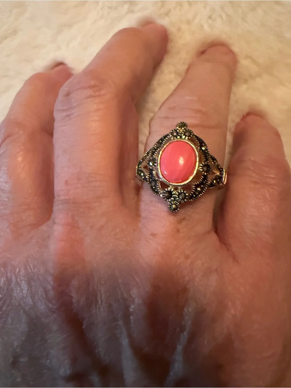 Vintage-Inspired Oval Coral Stone Filigree Ring - Women Jewelry